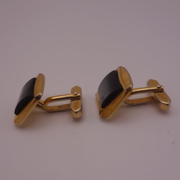 Gold Color Rectangle Cuff Links with Black Stone - Picture 4 of 12
